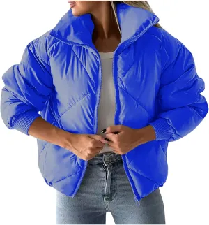 Winter Puffer Coats for Women Full Zipper Cotton-Padded Jacket Button Long Sleeve Pockets Warm Quilted Outerwear