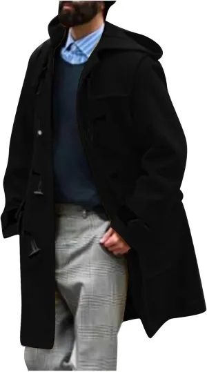 Winter Trench Coat Men Long Big and Tall Pea Coat Horn Button Wool Coat Casual Overcoat Thick Warm Jacket with Hood