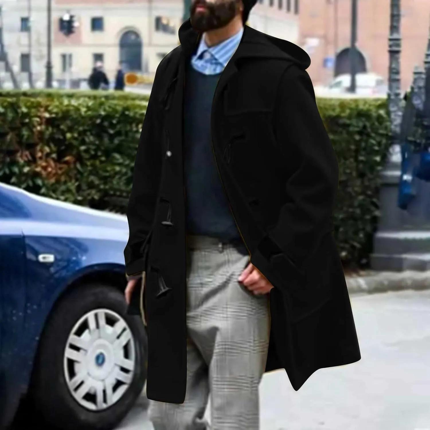 Winter Trench Coat Men Long Big and Tall Pea Coat Horn Button Wool Coat Casual Overcoat Thick Warm Jacket with Hood