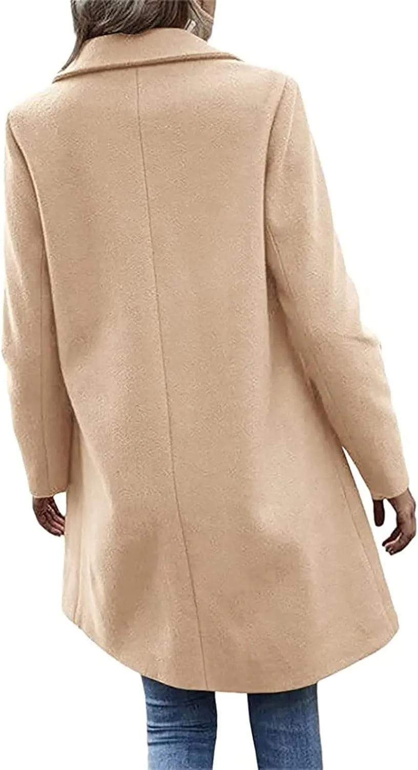Winter Wool Coat for Women Notch Lapel Single-Breasted Trench Coats Long Sleeve Mid Length Pea Coats Fall Jacket