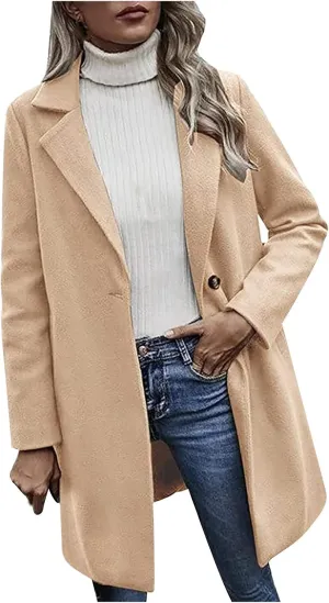 Winter Wool Coat for Women Notch Lapel Single-Breasted Trench Coats Long Sleeve Mid Length Pea Coats Fall Jacket