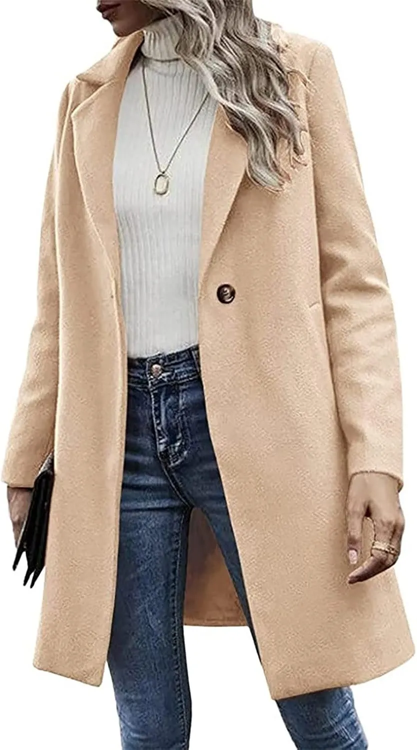 Winter Wool Coat for Women Notch Lapel Single-Breasted Trench Coats Long Sleeve Mid Length Pea Coats Fall Jacket