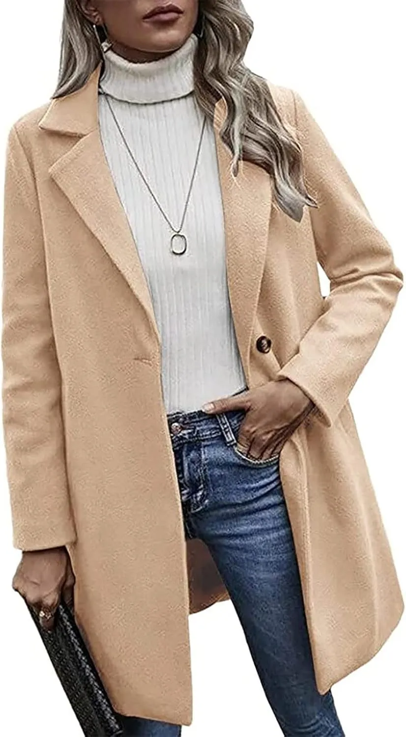 Winter Wool Coat for Women Notch Lapel Single-Breasted Trench Coats Long Sleeve Mid Length Pea Coats Fall Jacket