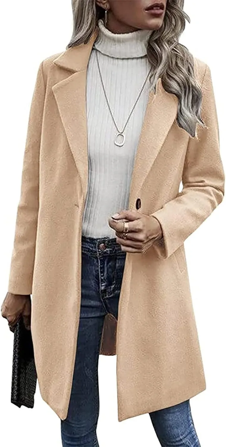 Winter Wool Coat for Women Notch Lapel Single-Breasted Trench Coats Long Sleeve Mid Length Pea Coats Fall Jacket