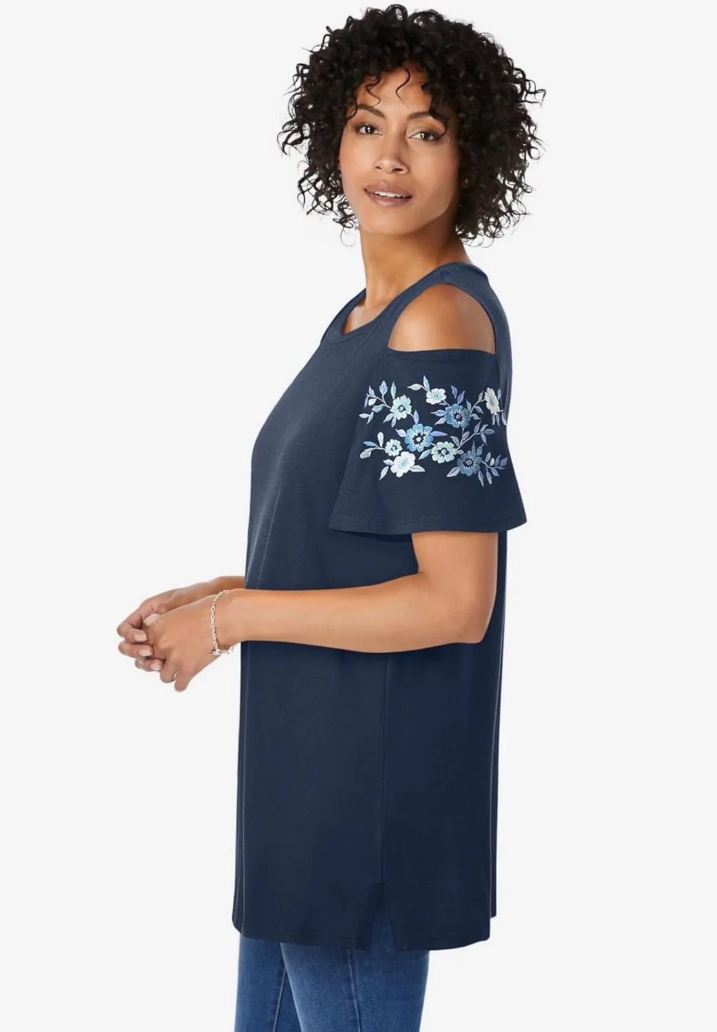 Woman Within Plus Size Short-Sleeve Cold-Shoulder Tee