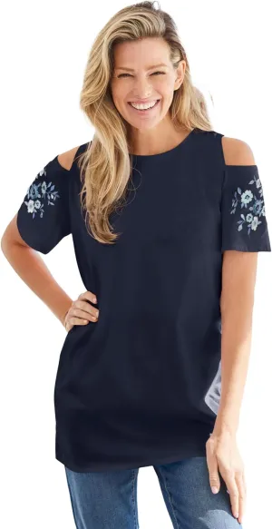 Woman Within Plus Size Short-Sleeve Cold-Shoulder Tee