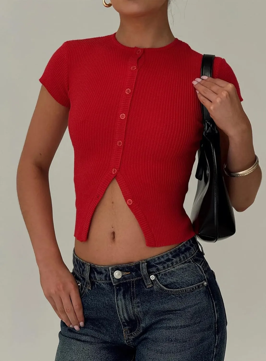 Women Basic Button Down Short Sleeve Crop Tee Tops Open Front Ribbed Knit Crewneck Tight Fitted T Workout Shirts