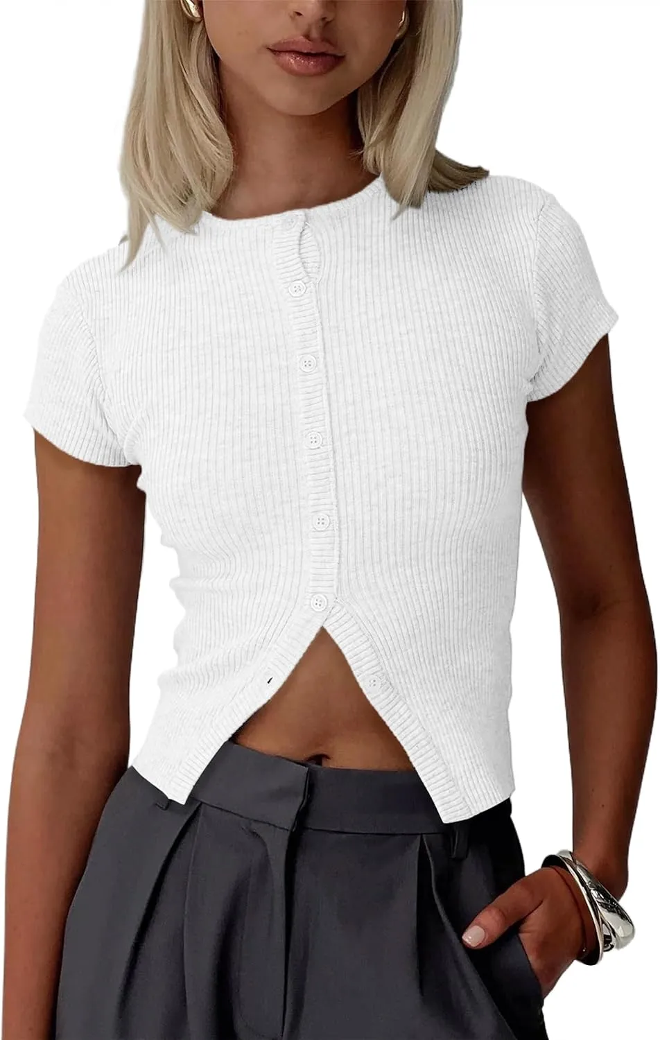 Women Basic Button Down Short Sleeve Crop Tee Tops Open Front Ribbed Knit Crewneck Tight Fitted T Workout Shirts