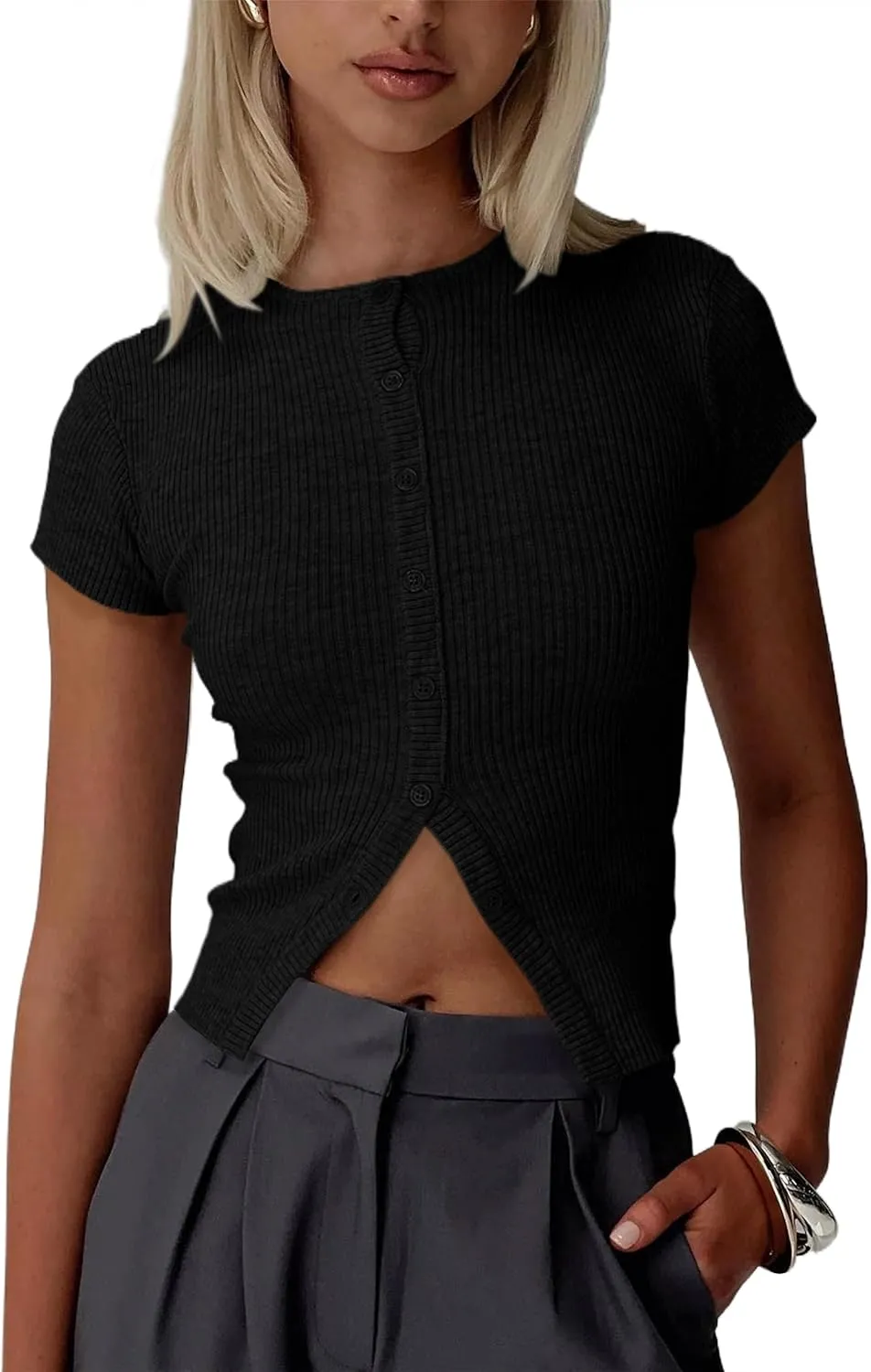 Women Basic Button Down Short Sleeve Crop Tee Tops Open Front Ribbed Knit Crewneck Tight Fitted T Workout Shirts
