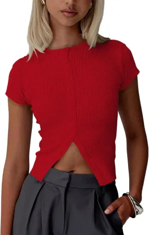 Women Basic Button Down Short Sleeve Crop Tee Tops Open Front Ribbed Knit Crewneck Tight Fitted T Workout Shirts