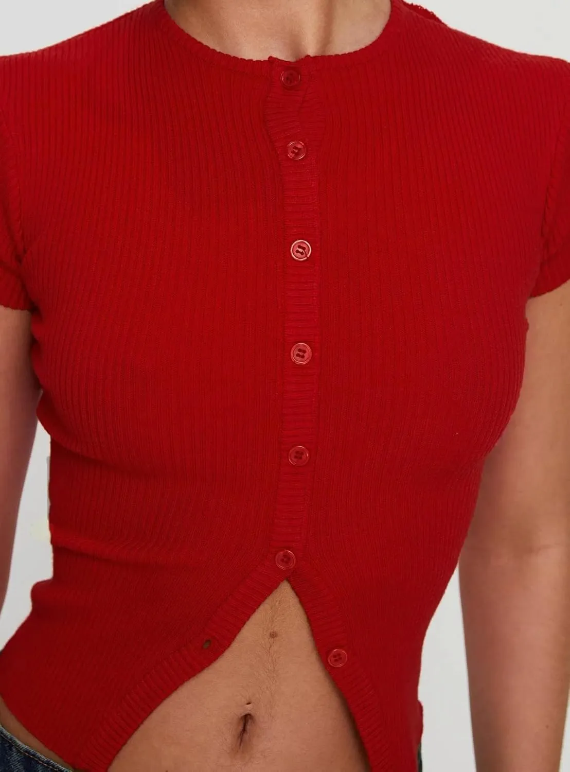 Women Basic Button Down Short Sleeve Crop Tee Tops Open Front Ribbed Knit Crewneck Tight Fitted T Workout Shirts