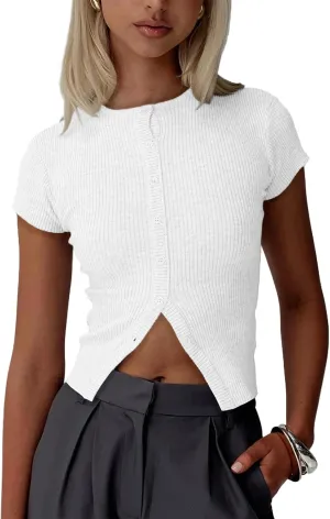 Women Basic Button Down Short Sleeve Crop Tee Tops Open Front Ribbed Knit Crewneck Tight Fitted T Workout Shirts