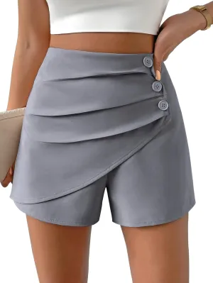 Women Casual Shorts High Waist Side Button Ruched Comfy Shorts Solid Ruffle Summer Dressy Shorts