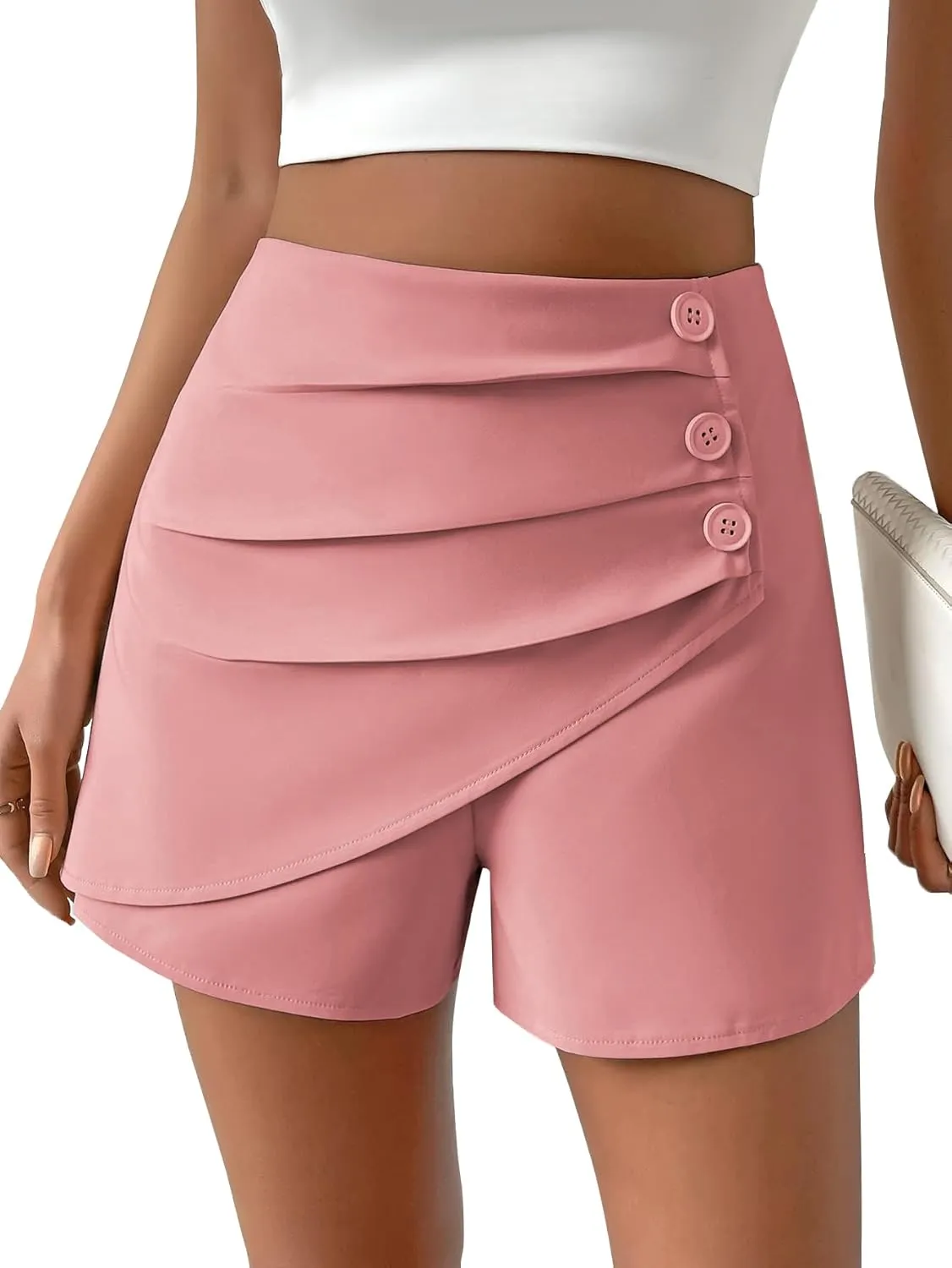 Women Casual Shorts High Waist Side Button Ruched Comfy Shorts Solid Ruffle Summer Dressy Shorts