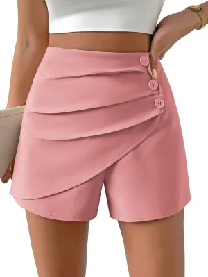 Women Casual Shorts High Waist Side Button Ruched Comfy Shorts Solid Ruffle Summer Dressy Shorts