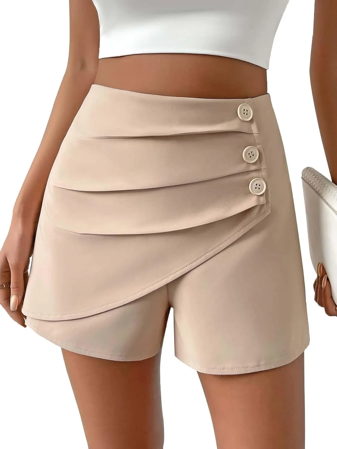 Women Casual Shorts High Waist Side Button Ruched Comfy Shorts Solid Ruffle Summer Dressy Shorts