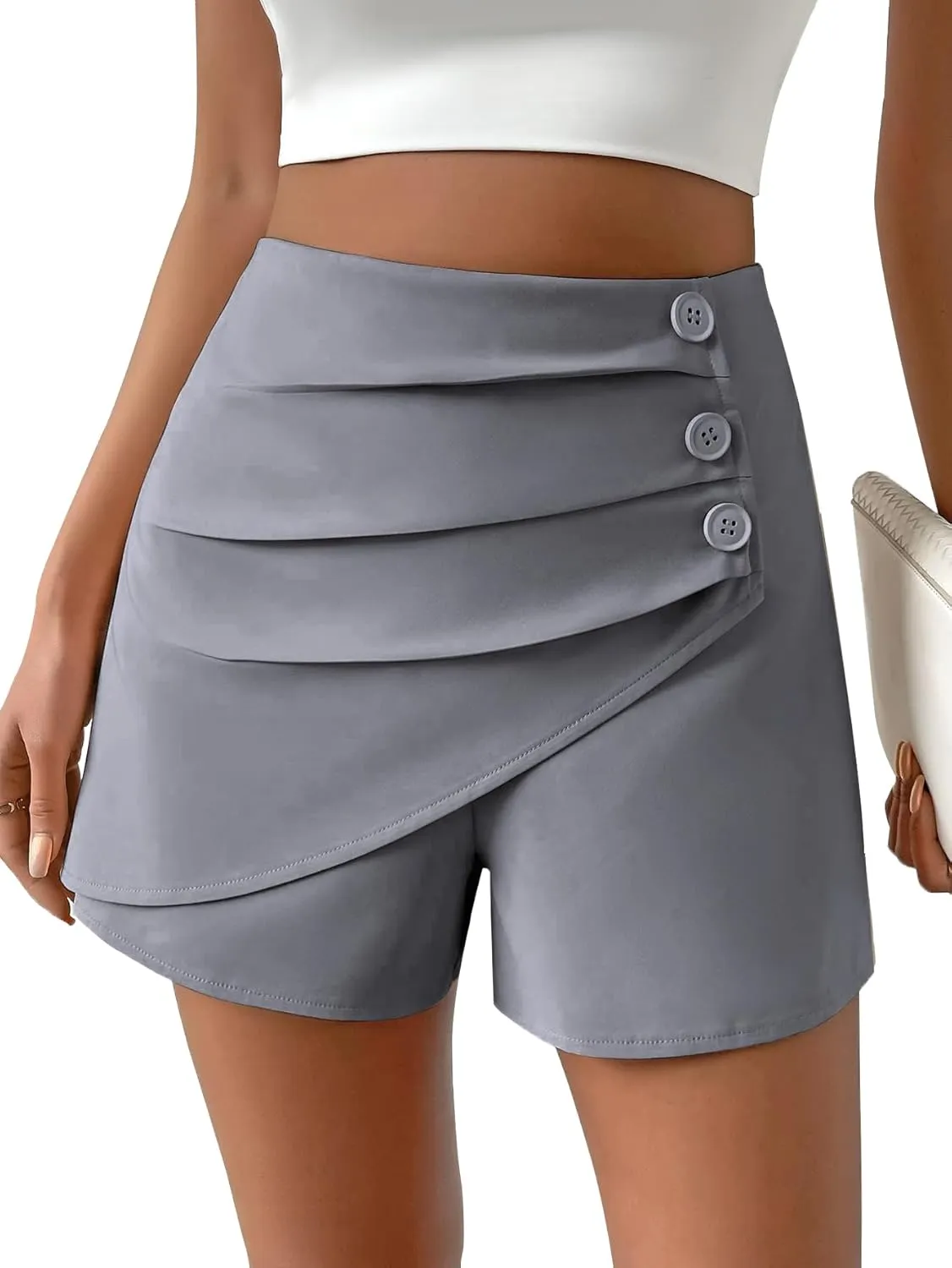Women Casual Shorts High Waist Side Button Ruched Comfy Shorts Solid Ruffle Summer Dressy Shorts