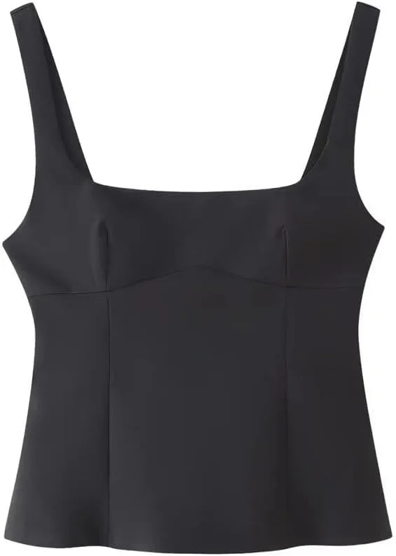 Women Casual Solid Color Square Neck Camisole Blouse Sleeveless Tops Regular Fit