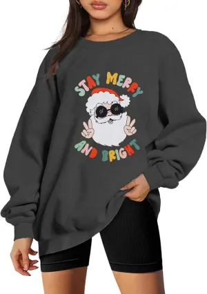 Women Christmas Sweatshirt Stay Merry and Bright Shirts Retro Santa Graphic Long Sleeve Crewneck Pullover Xmas Oversize Tops
