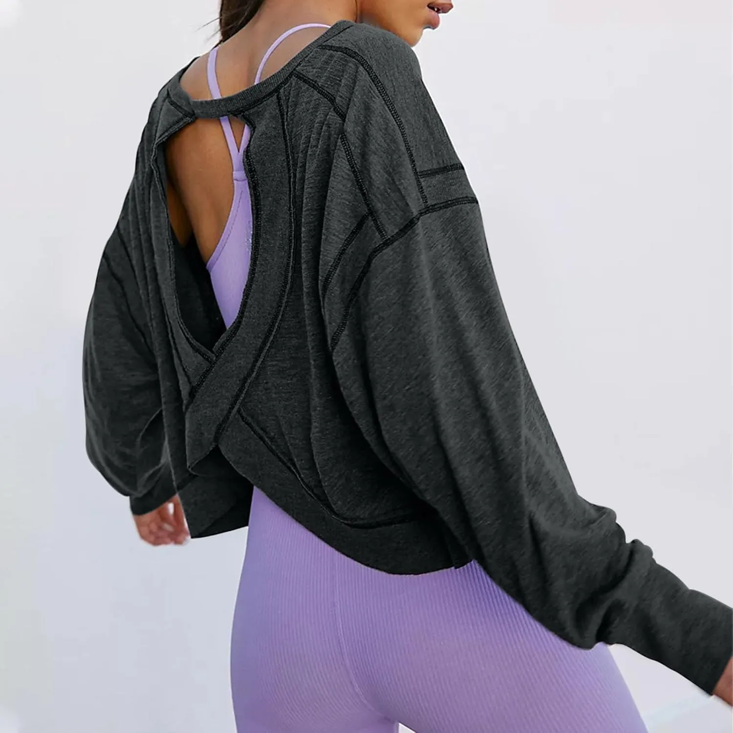 Women Fashionable Backless Workout Tops Crew Neck Long Sleeve Blouses Loose Solid Color Shirt Athletic Crop Tee