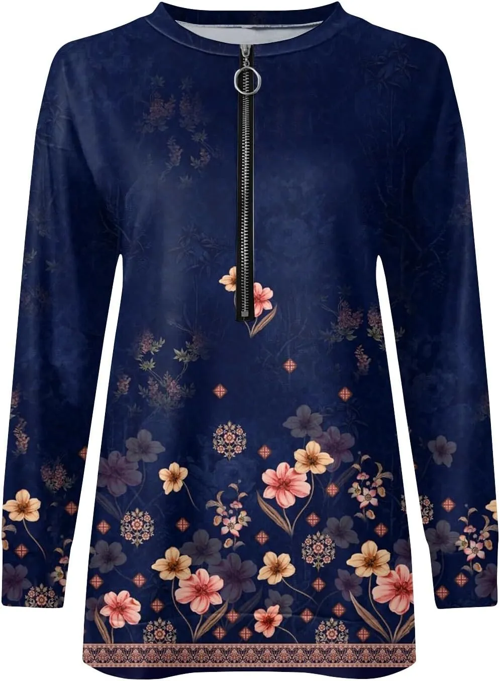 Women Floral Print Crew Neck Half Zip Long Sleeve Sweatshirt 2024 Casual Long Sleeve Tops Loose Fall Clothes