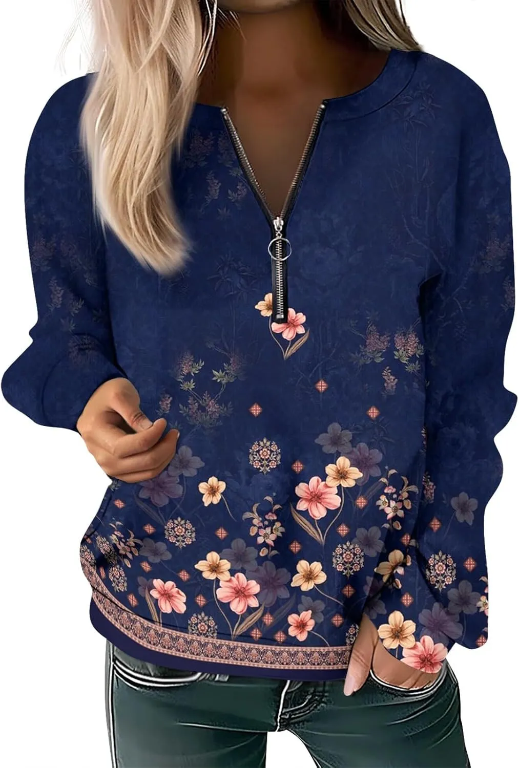Women Floral Print Crew Neck Half Zip Long Sleeve Sweatshirt 2024 Casual Long Sleeve Tops Loose Fall Clothes