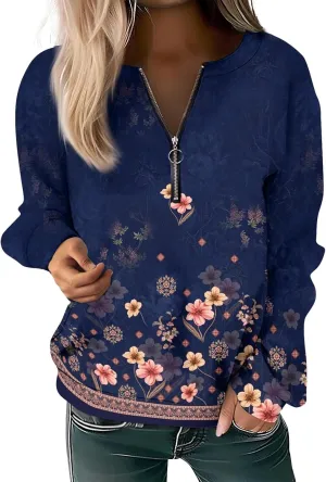 Women Floral Print Crew Neck Half Zip Long Sleeve Sweatshirt 2024 Casual Long Sleeve Tops Loose Fall Clothes