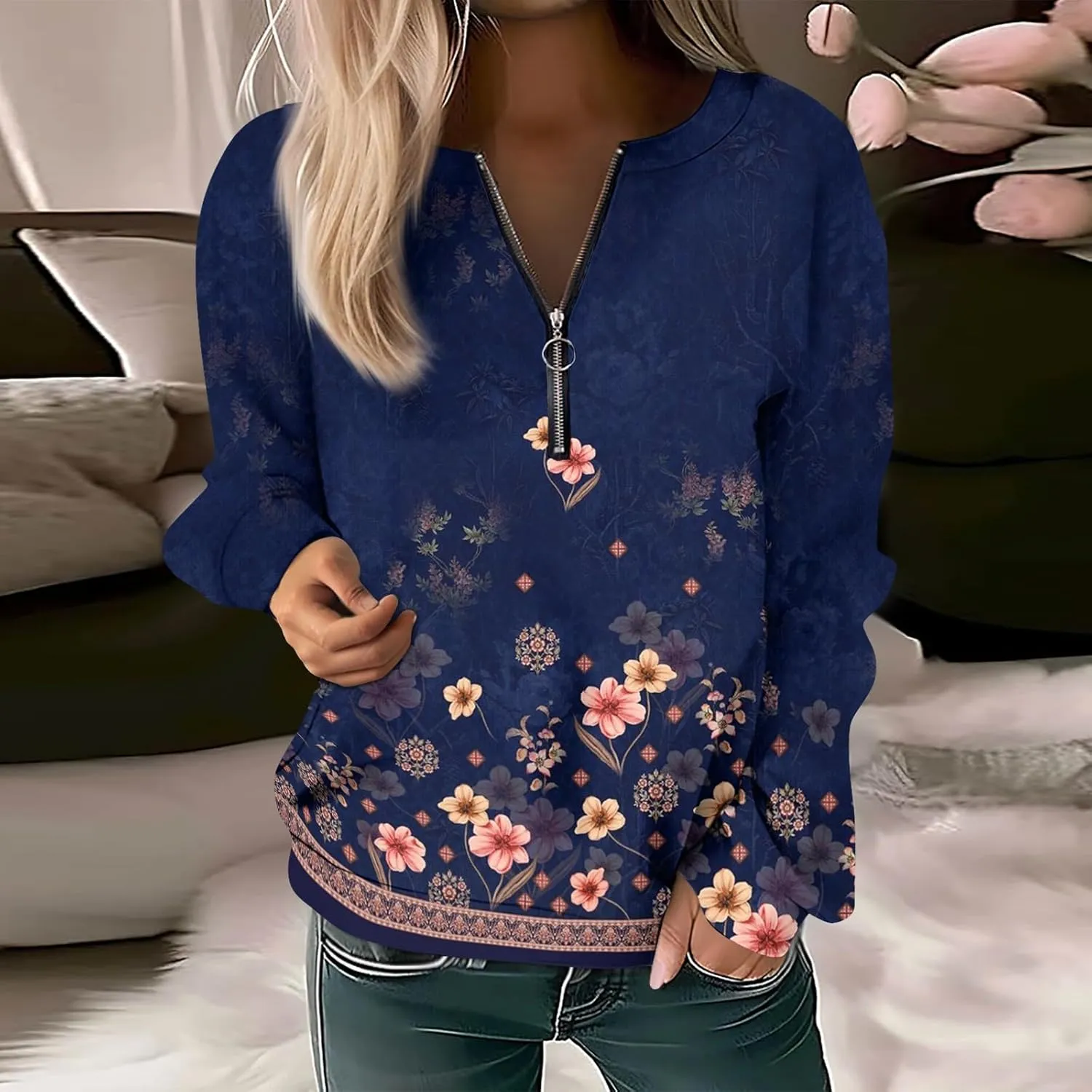 Women Floral Print Crew Neck Half Zip Long Sleeve Sweatshirt 2024 Casual Long Sleeve Tops Loose Fall Clothes