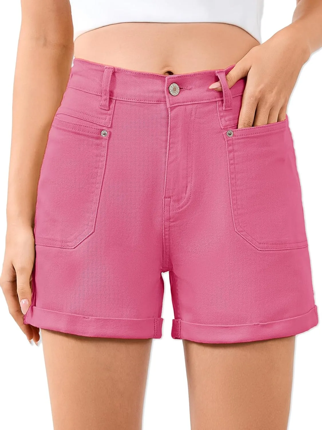 Women High Waisted Jean Shorts Stretchy Denim Shorts for Women Folded Hem Chino Shorts Summer Jorts