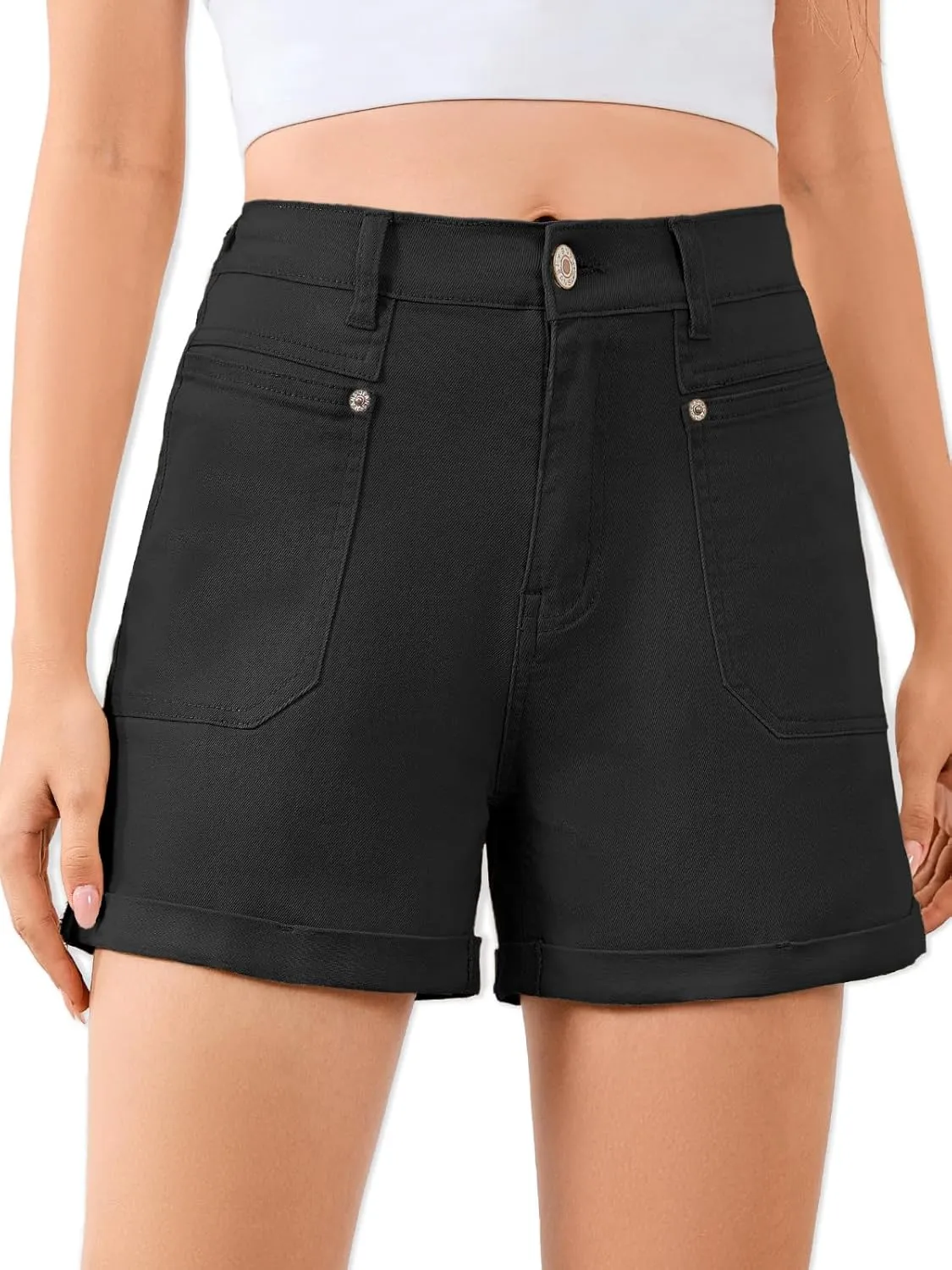 Women High Waisted Jean Shorts Stretchy Denim Shorts for Women Folded Hem Chino Shorts Summer Jorts