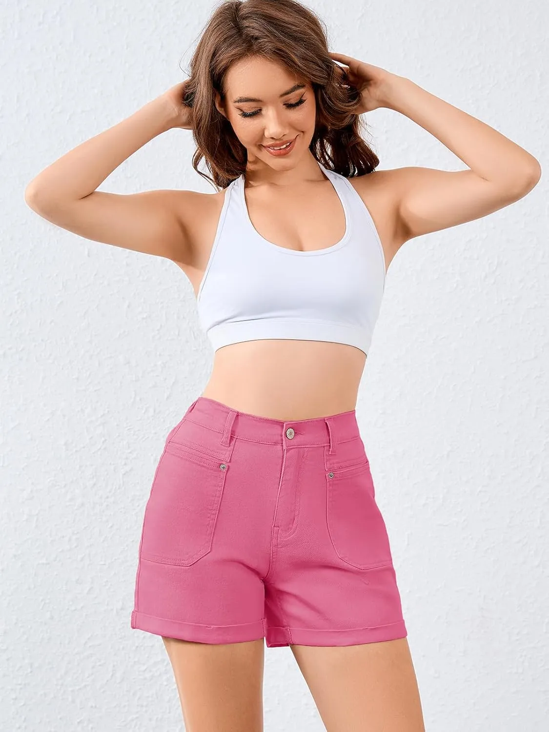 Women High Waisted Jean Shorts Stretchy Denim Shorts for Women Folded Hem Chino Shorts Summer Jorts