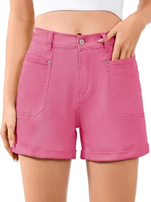 Women High Waisted Jean Shorts Stretchy Denim Shorts for Women Folded Hem Chino Shorts Summer Jorts