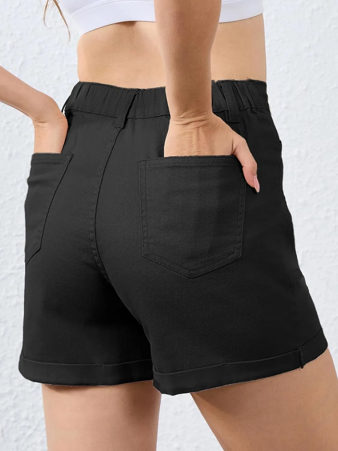 Women High Waisted Jean Shorts Stretchy Denim Shorts for Women Folded Hem Chino Shorts Summer Jorts