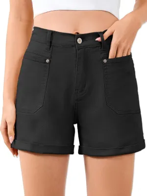 Women High Waisted Jean Shorts Stretchy Denim Shorts for Women Folded Hem Chino Shorts Summer Jorts