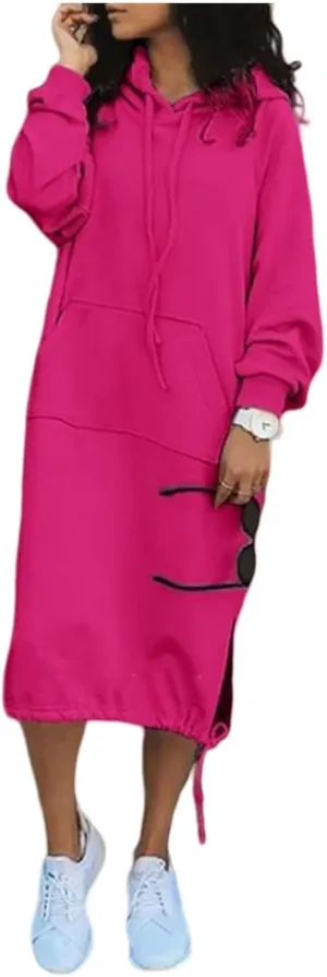 Women Maxi Hoodies Dress Casual Long Dresses Fashion Split Hem Drawstring Hooded Long Sleeve Sweatshirt with Pockets