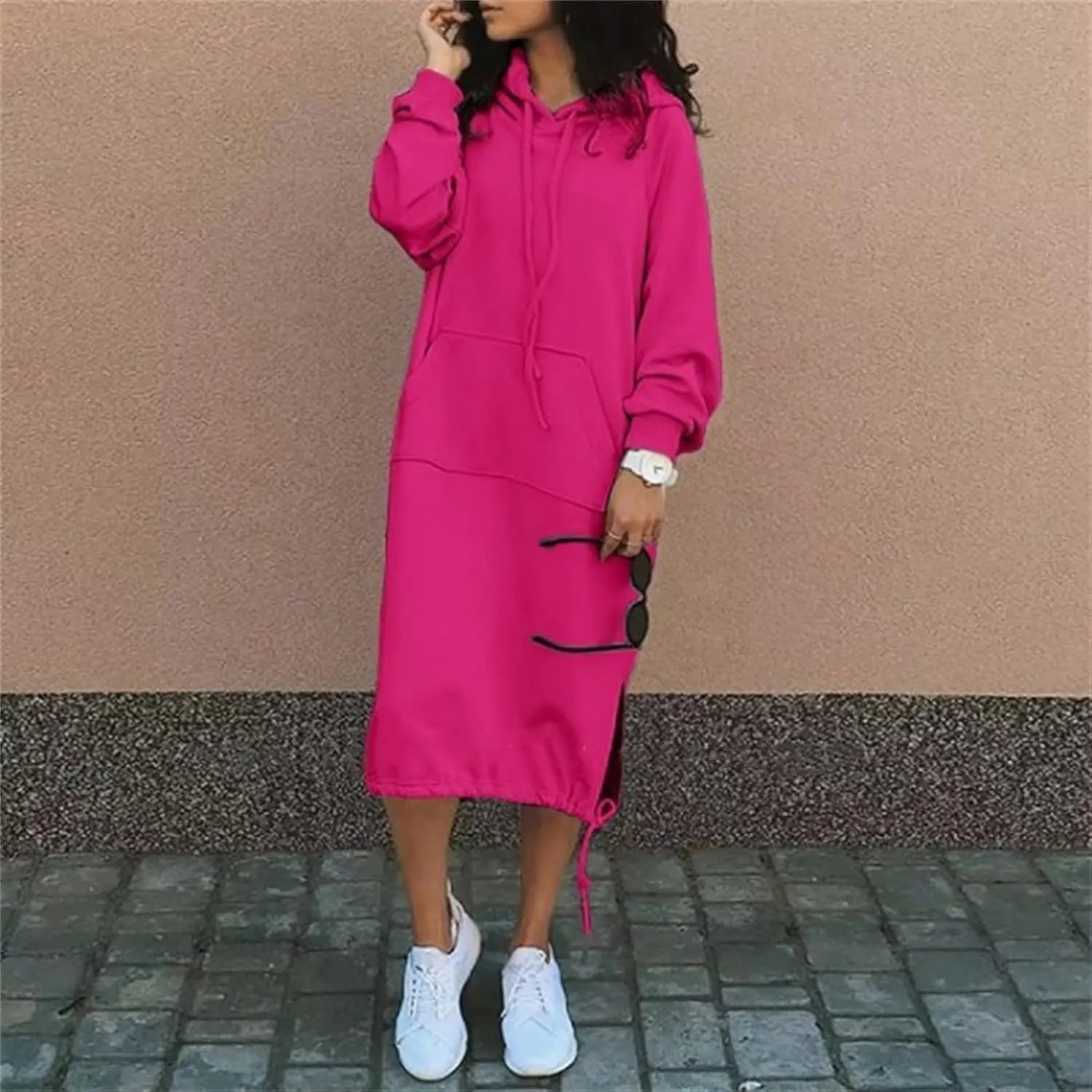 Women Maxi Hoodies Dress Casual Long Dresses Fashion Split Hem Drawstring Hooded Long Sleeve Sweatshirt with Pockets