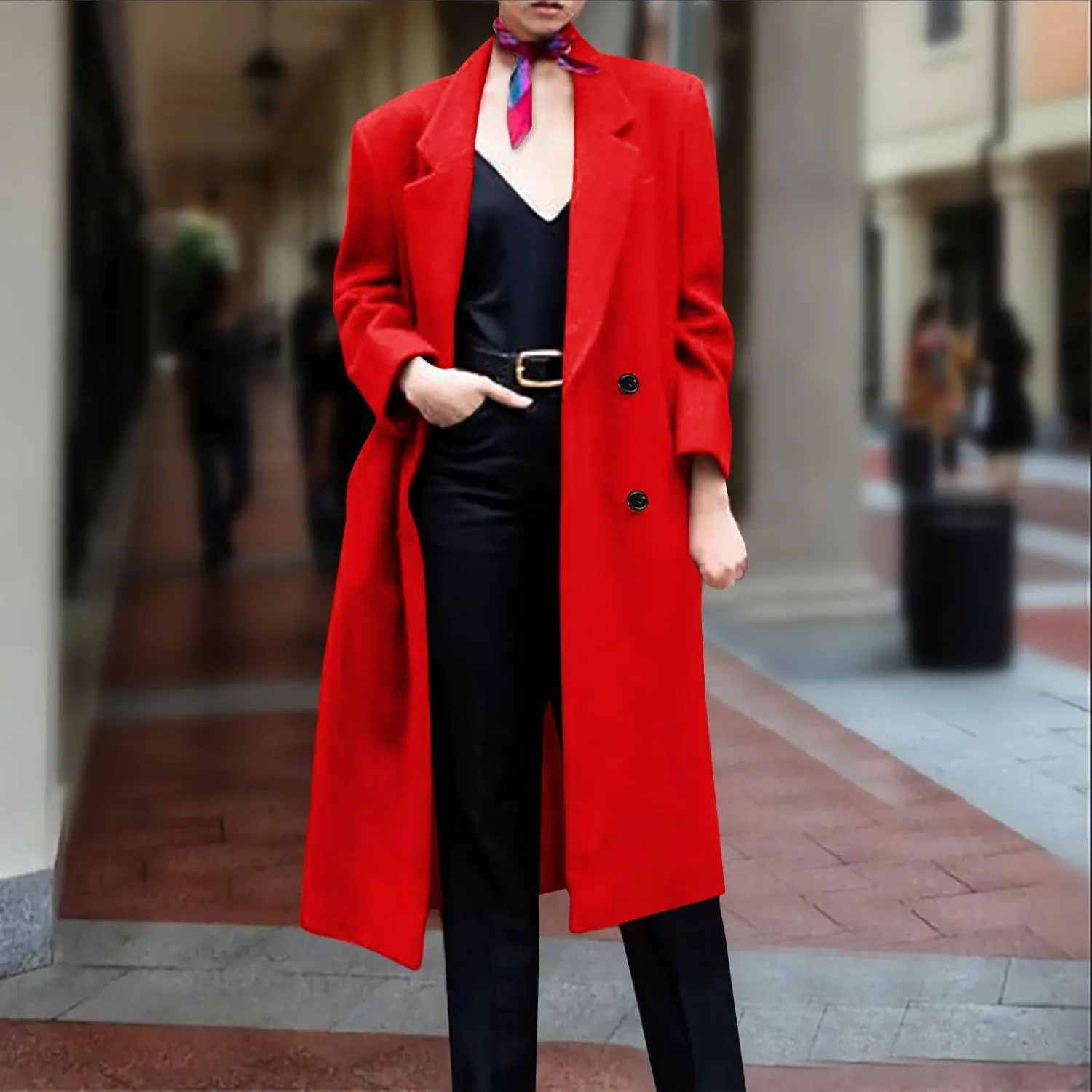 Women Notched Lapel Collar Pea Coat Double Breasted Loose Over Coats Long Sleeve Casual Fashion Jackets