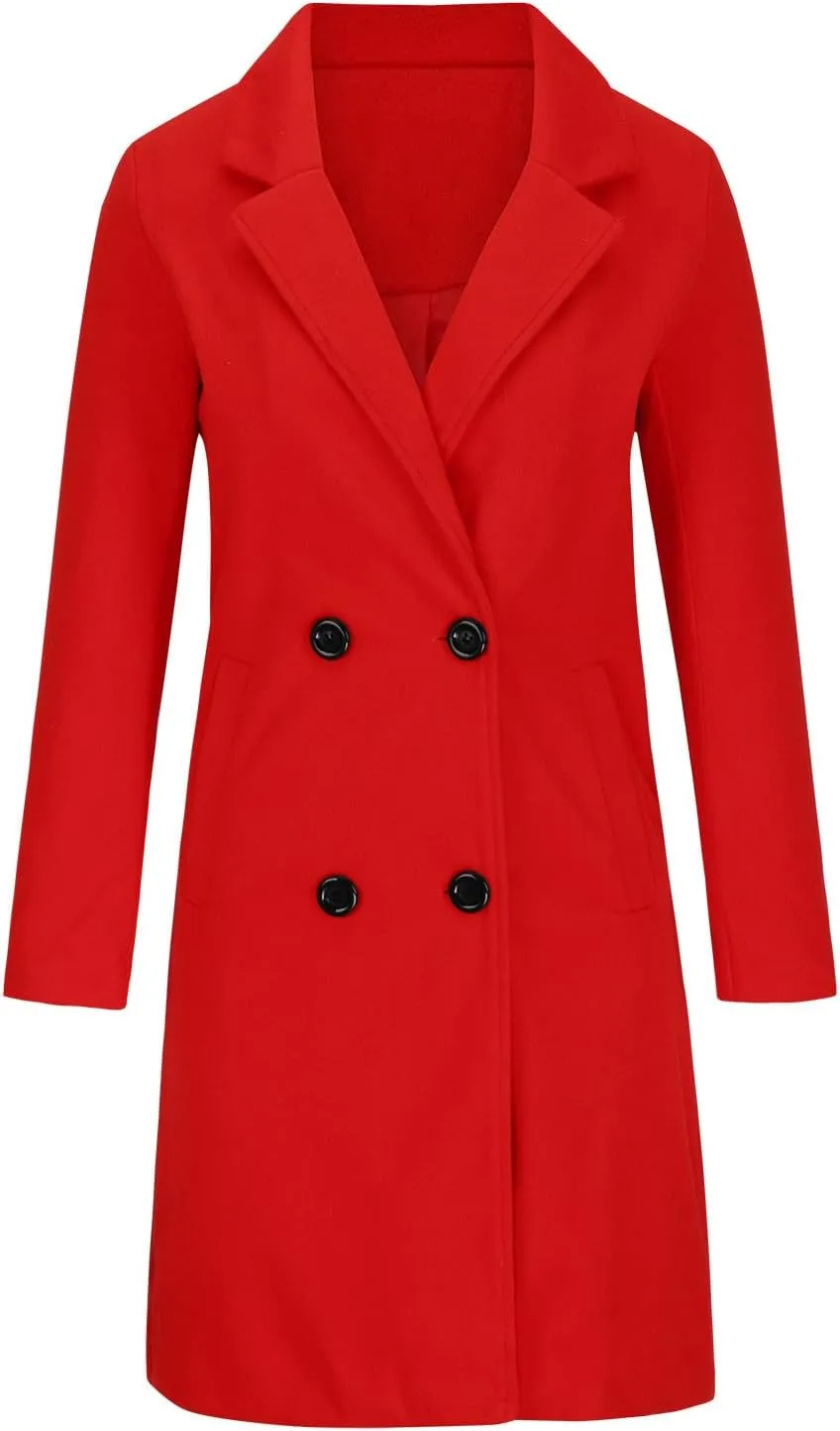 Women Notched Lapel Collar Pea Coat Double Breasted Loose Over Coats Long Sleeve Casual Fashion Jackets