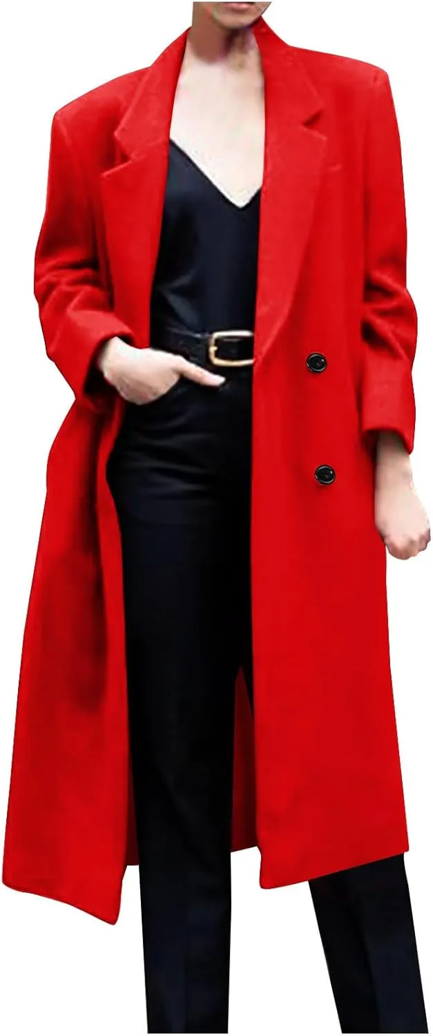 Women Notched Lapel Collar Pea Coat Double Breasted Loose Over Coats Long Sleeve Casual Fashion Jackets