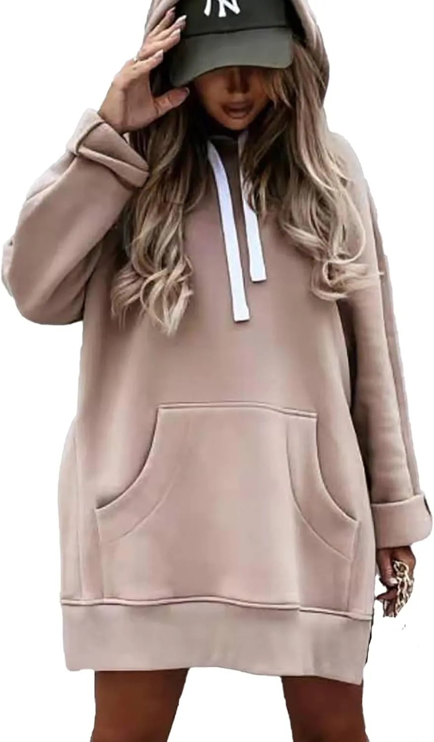 Women Oversized Casual Pullover Long Sleeve Split Hem Hoodie Dress Pullover With Kangaroo Pocket Sweatshirt Tops
