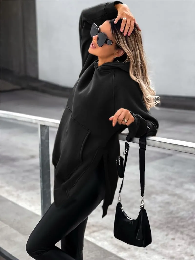 Women Oversized Casual Pullover Long Sleeve Split Hem Hoodie Dress Pullover With Kangaroo Pocket Sweatshirt Tops