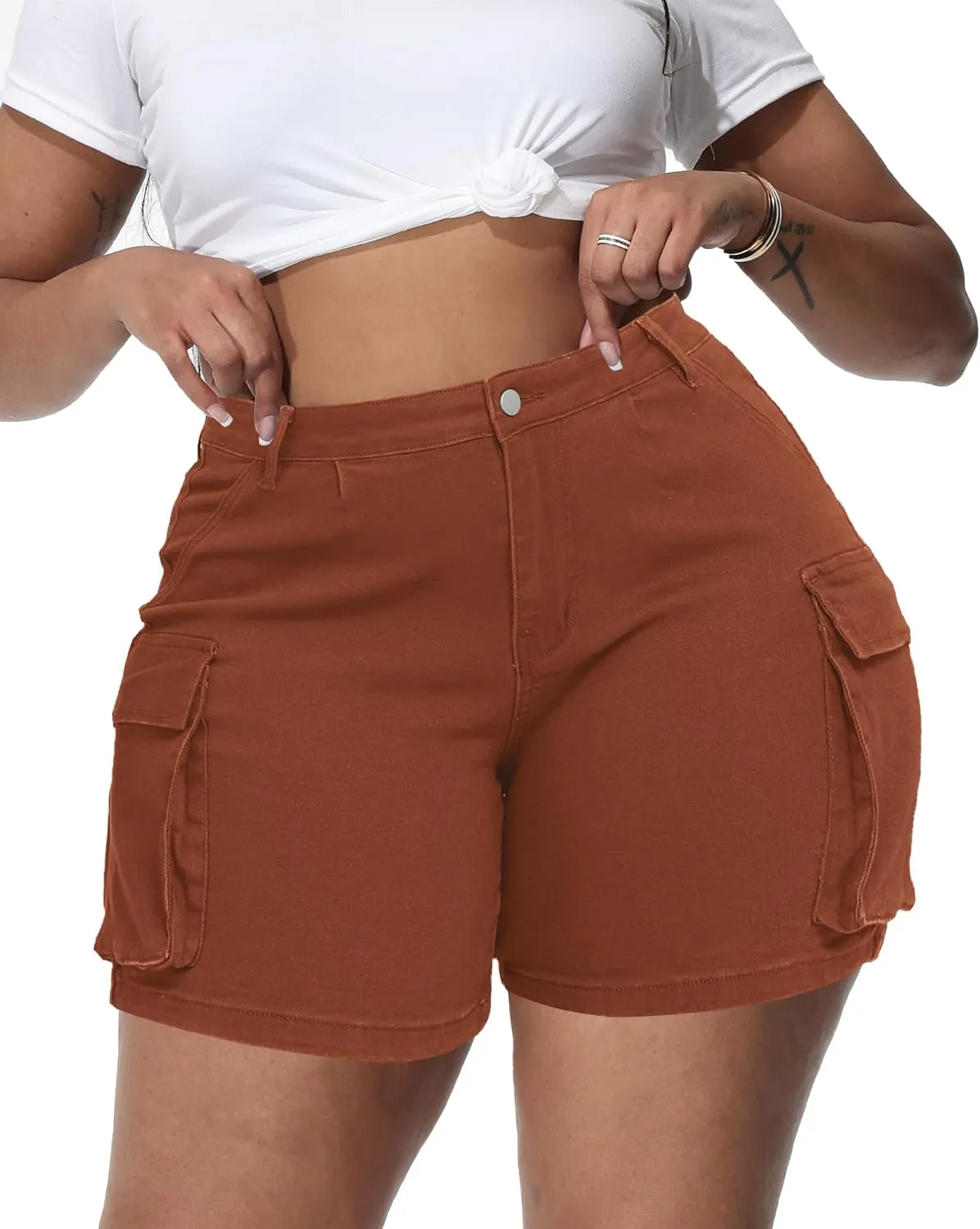 Women Plus Size Jean Shorts Stretchy Curvy Cargo Shorts High Waisted Streetwear Denim Shorts with Pockets
