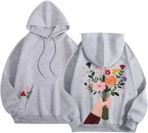 Women Sweatshirts Graphic Hoodies Oversized Pullover Flower Casual Long Sleeve Hooded Drawstring Sweatshirt