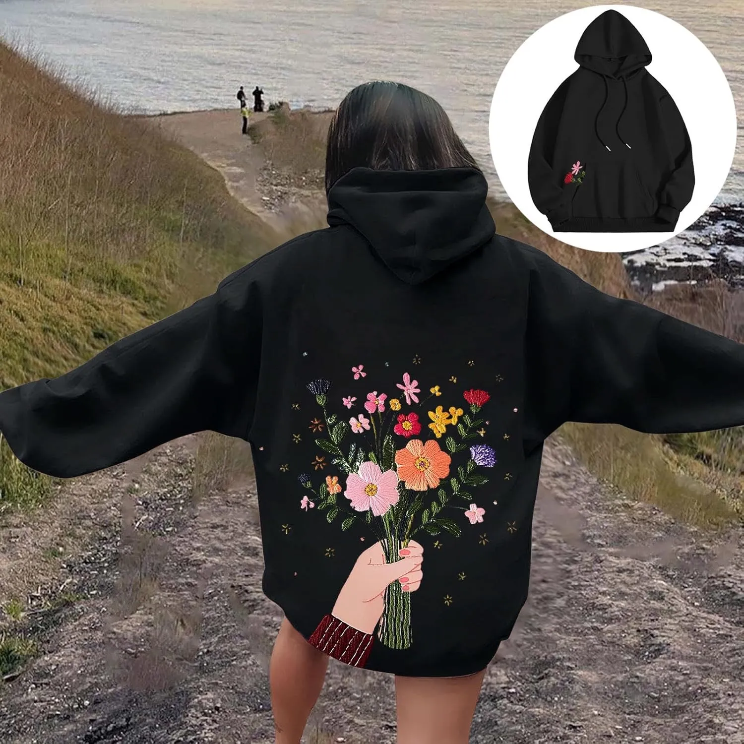Women Sweatshirts Graphic Hoodies Oversized Pullover Flower Casual Long Sleeve Hooded Drawstring Sweatshirt