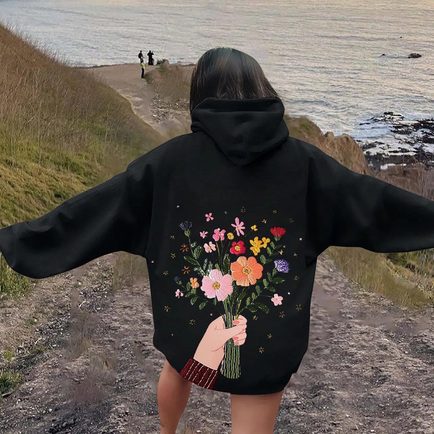 Women Sweatshirts Graphic Hoodies Oversized Pullover Flower Casual Long Sleeve Hooded Drawstring Sweatshirt