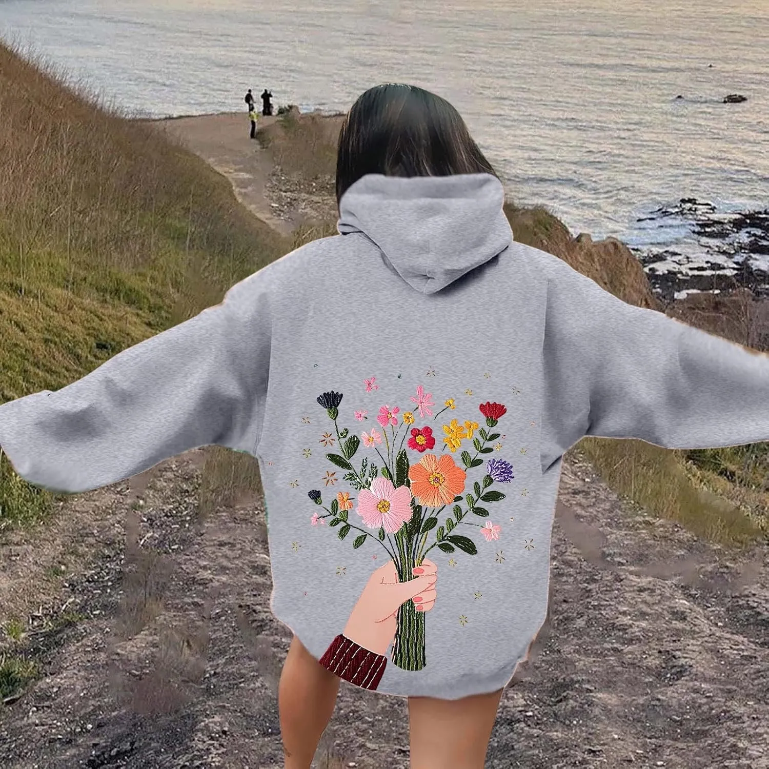 Women Sweatshirts Graphic Hoodies Oversized Pullover Flower Casual Long Sleeve Hooded Drawstring Sweatshirt