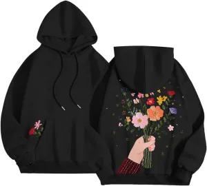 Women Sweatshirts Graphic Hoodies Oversized Pullover Flower Casual Long Sleeve Hooded Drawstring Sweatshirt