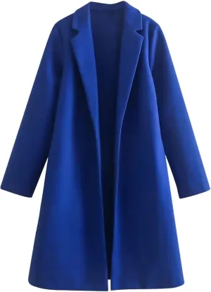 Women Winter Coats Wool Blend Mid Long Trench Coats Notch Lapel Open Front Pea Coat Elegant Work Office Jackets