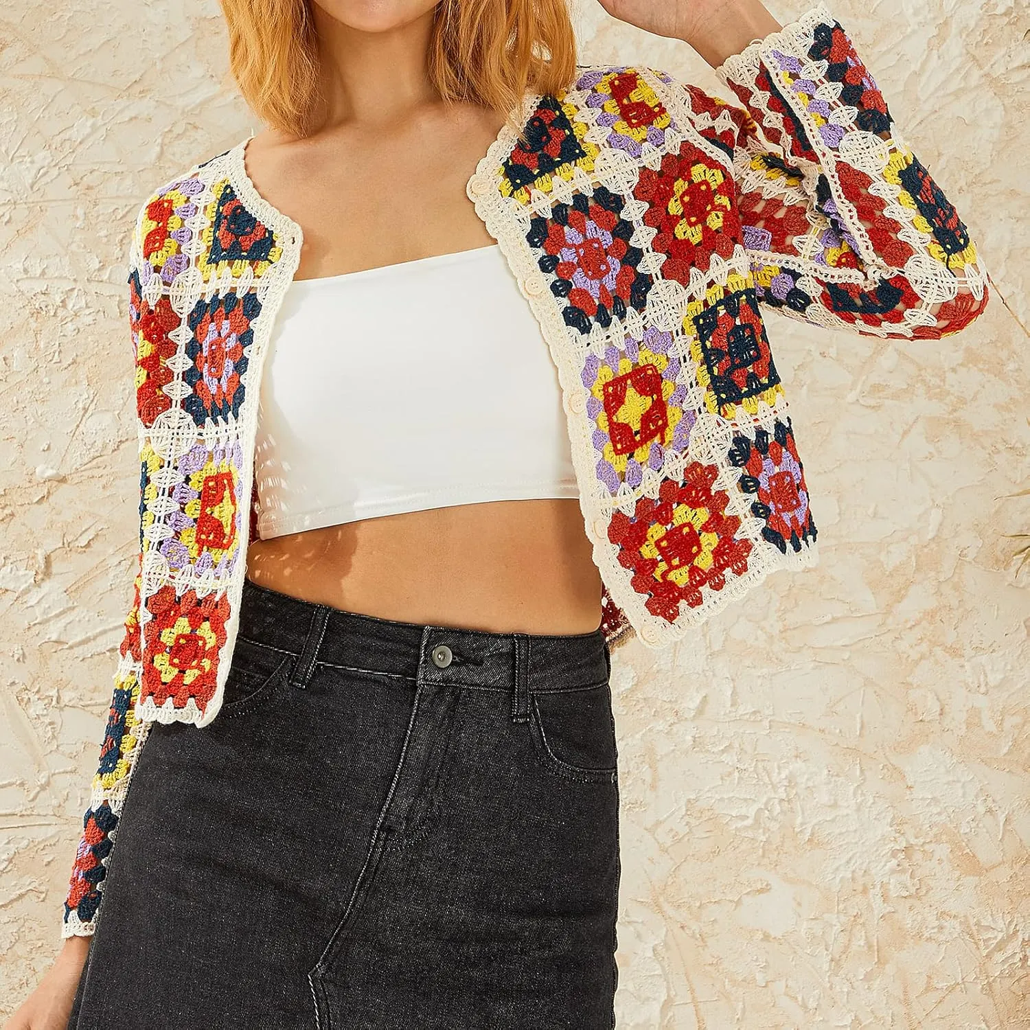 Women Y2k Crochet Floral Knit Pullover Long Sleeve V Neck Sweater Aesthetic Hollow Out Oversized Jumper Top