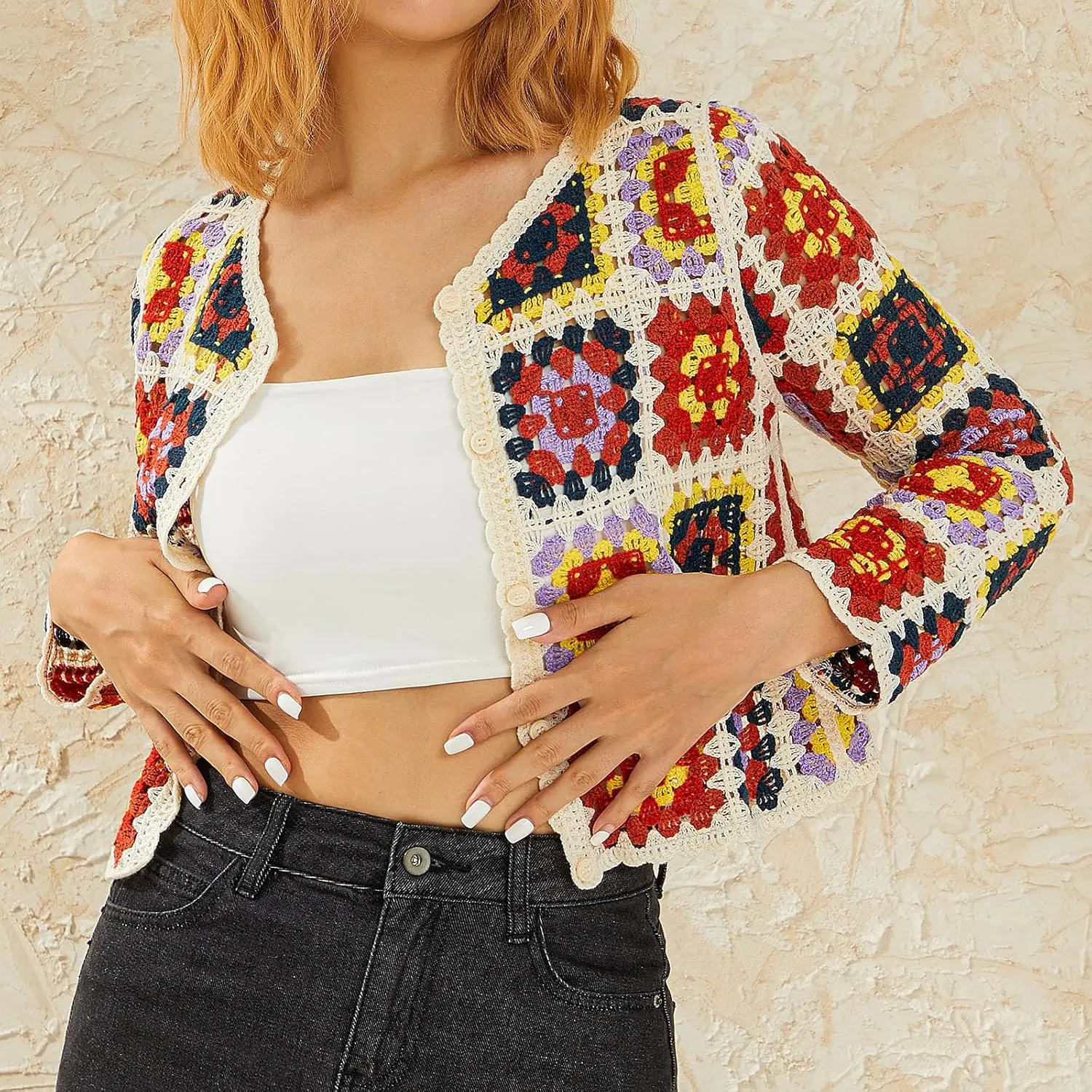 Women Y2k Crochet Floral Knit Pullover Long Sleeve V Neck Sweater Aesthetic Hollow Out Oversized Jumper Top